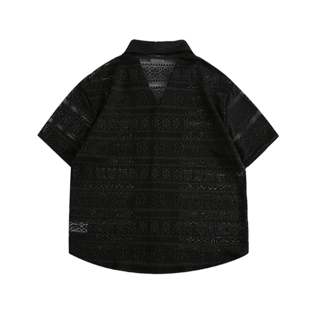 Cutout Cuban Collar Short Sleeve Shirt - Thrashink