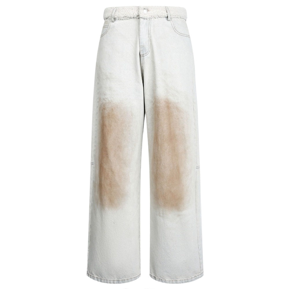 Distressed Faded Plush Waistband Patchwork Jeans