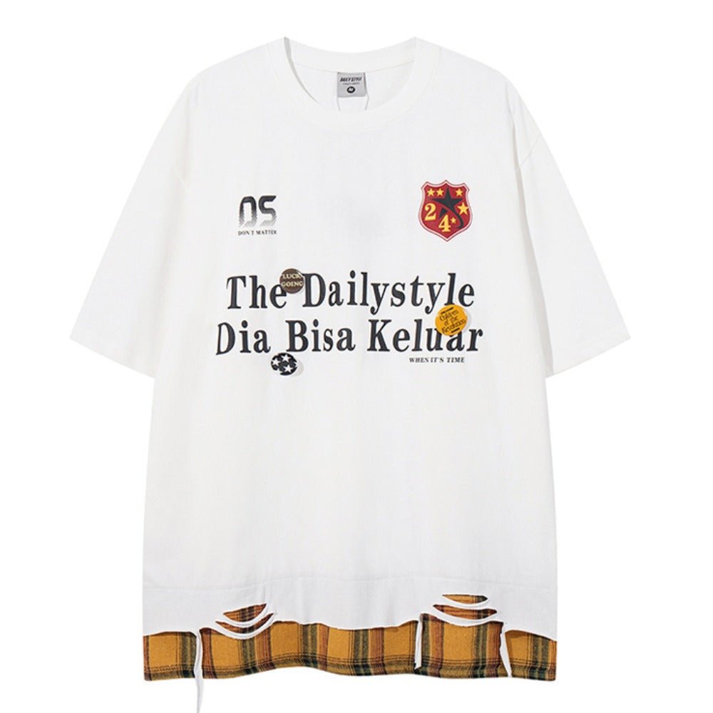 "Dailystyle" Plaid Layered Ripped Hem T-Shirt - Thrashink