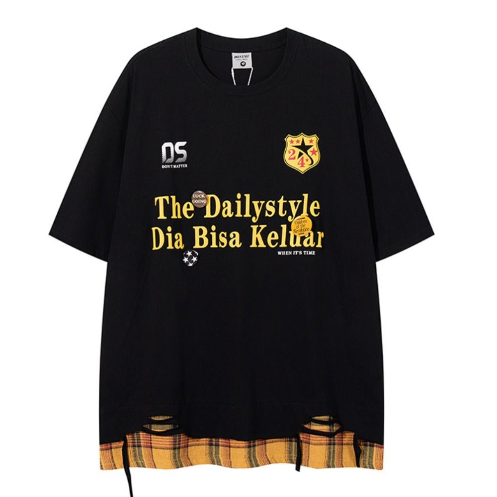 "Dailystyle" Plaid Layered Ripped Hem T-Shirt - Thrashink