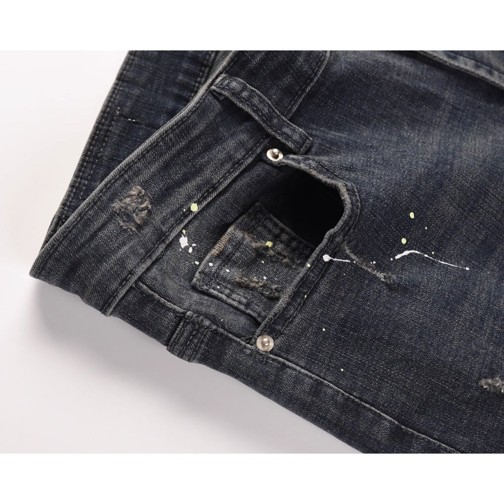 Dark Blue Ink Splash Ripped Jeans - Thrashink