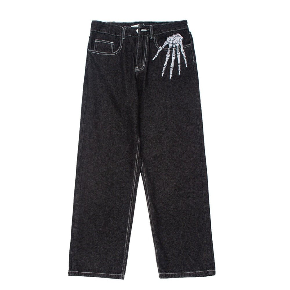 Dark Skull Embroidered Jeans - Thrashink