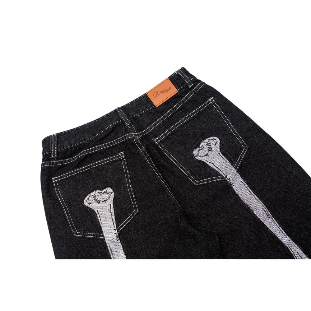 Dark Skull Embroidered Jeans - Thrashink