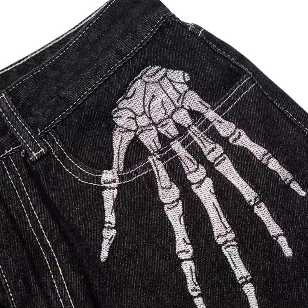 Dark Skull Embroidered Jeans - Thrashink