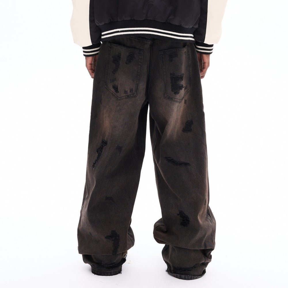 Dark Vintage Distressed Wide - Leg Jeans - Thrashink