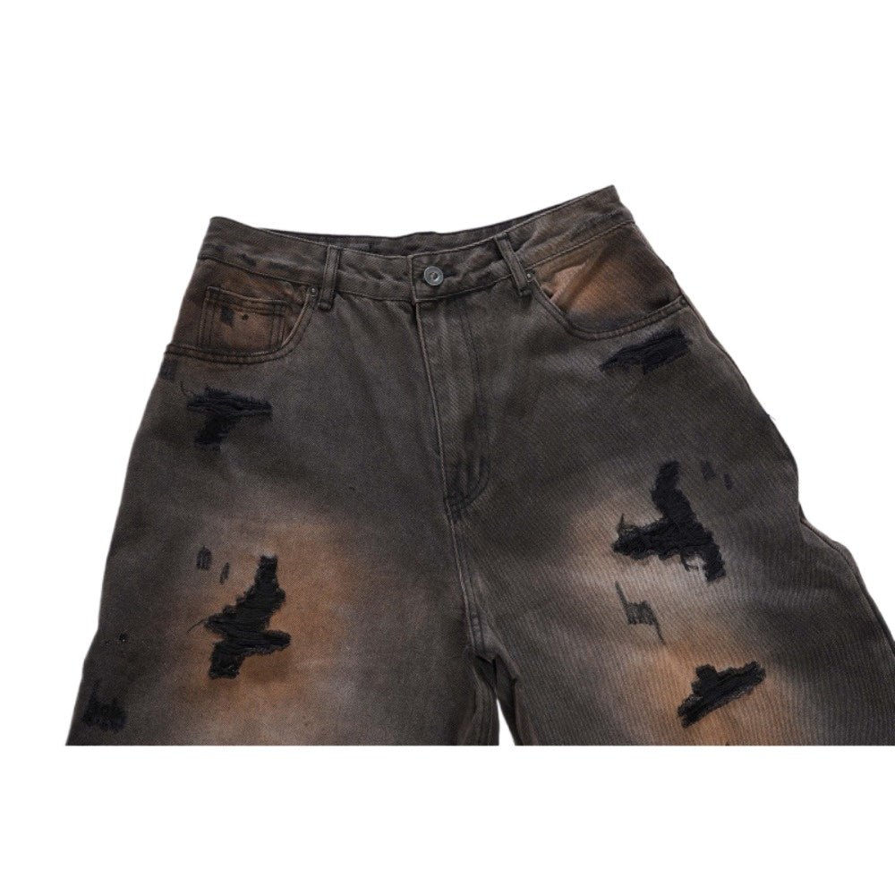 Dark Vintage Distressed Wide - Leg Jeans - Thrashink