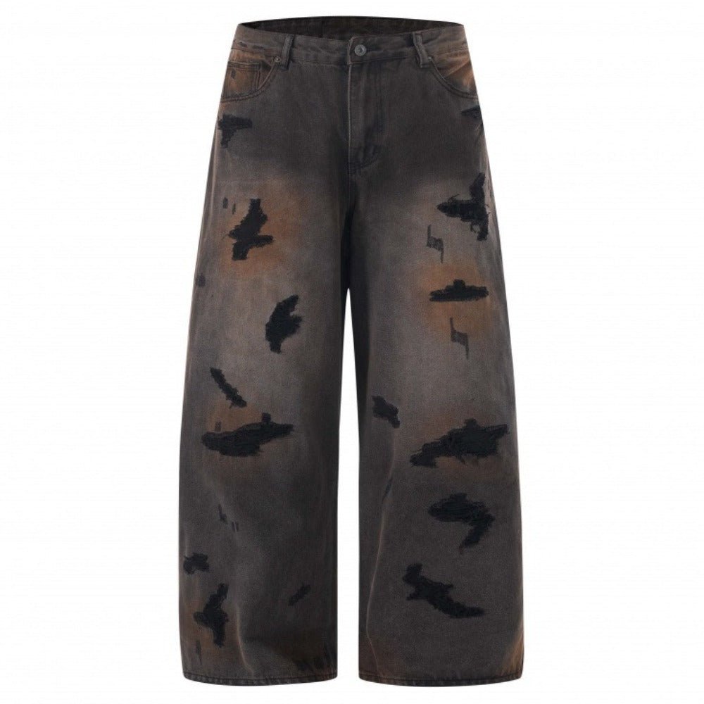 Dark Vintage Distressed Wide - Leg Jeans - Thrashink