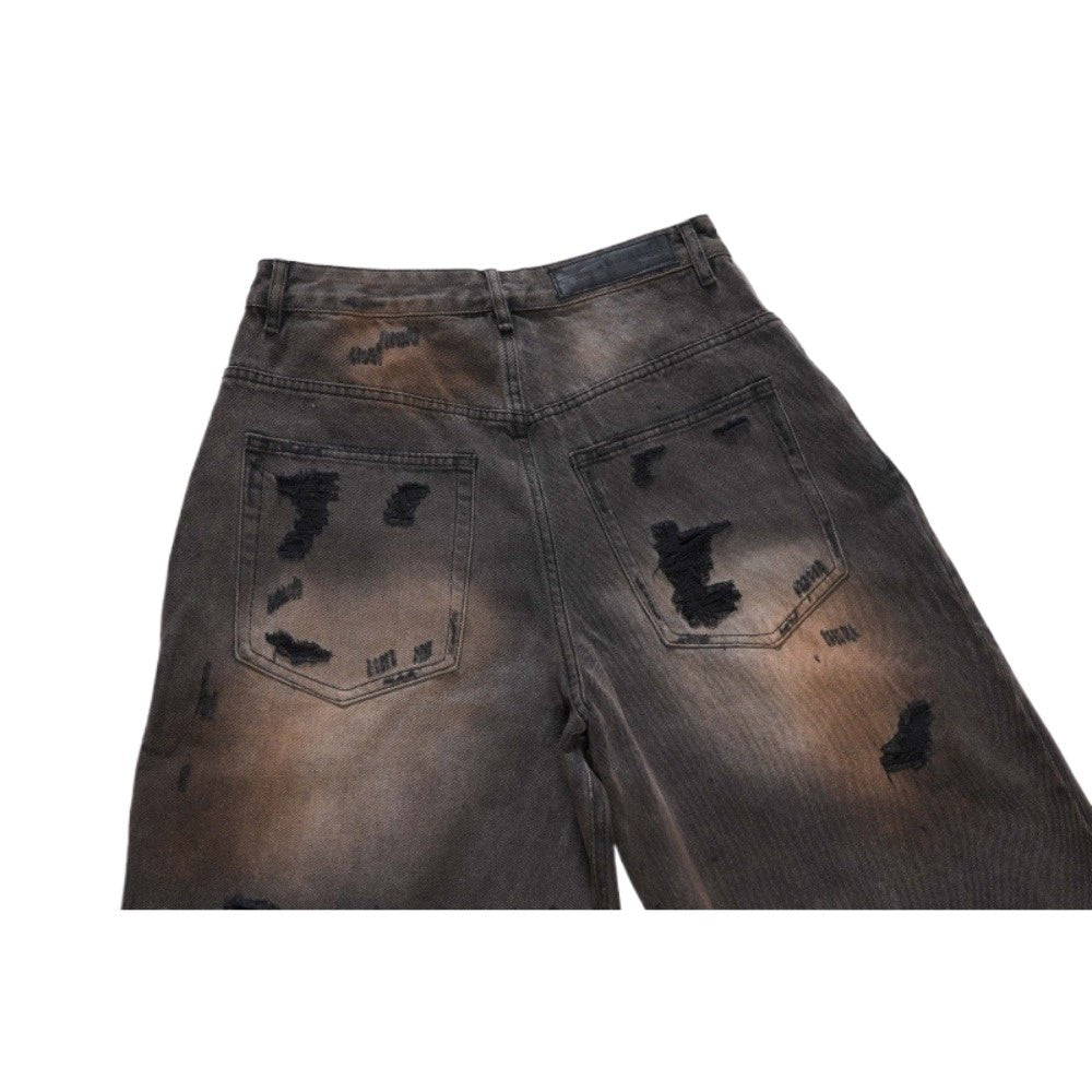 Dark Vintage Distressed Wide - Leg Jeans - Thrashink