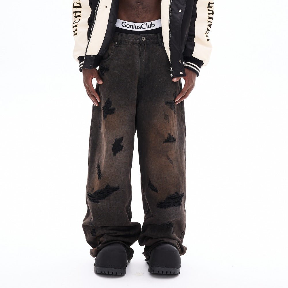 Dark Vintage Distressed Wide - Leg Jeans - Thrashink