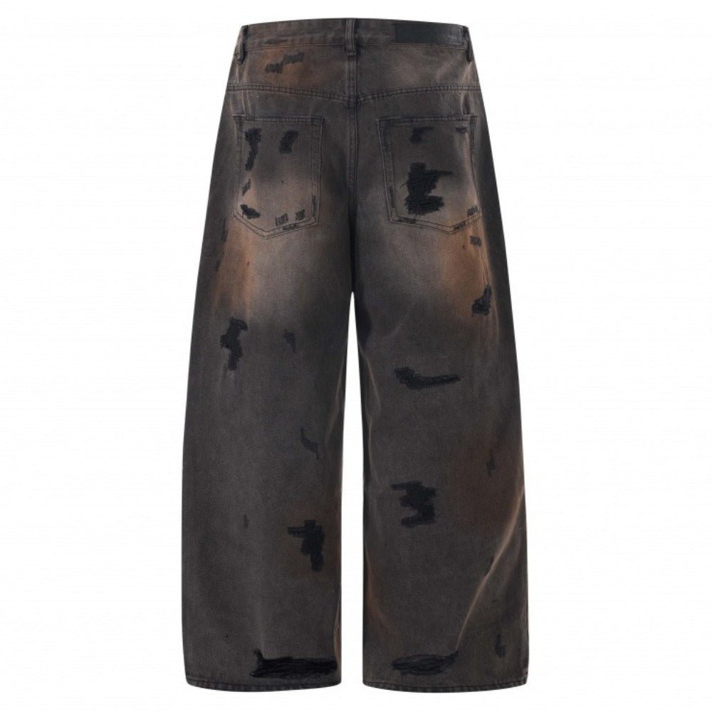 Dark Vintage Distressed Wide - Leg Jeans - Thrashink