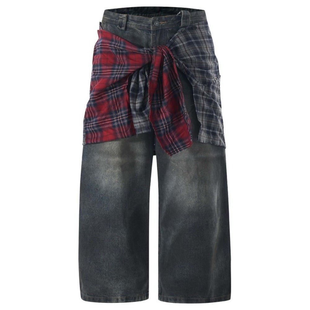 Dark Wash Deconstructed Plaid - Paneled Jeans - Thrashink