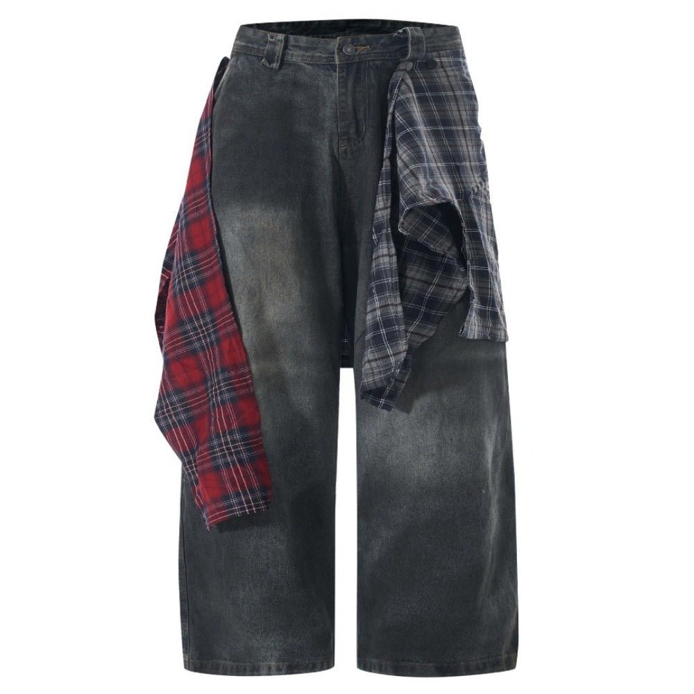 Dark Wash Deconstructed Plaid - Paneled Jeans - Thrashink