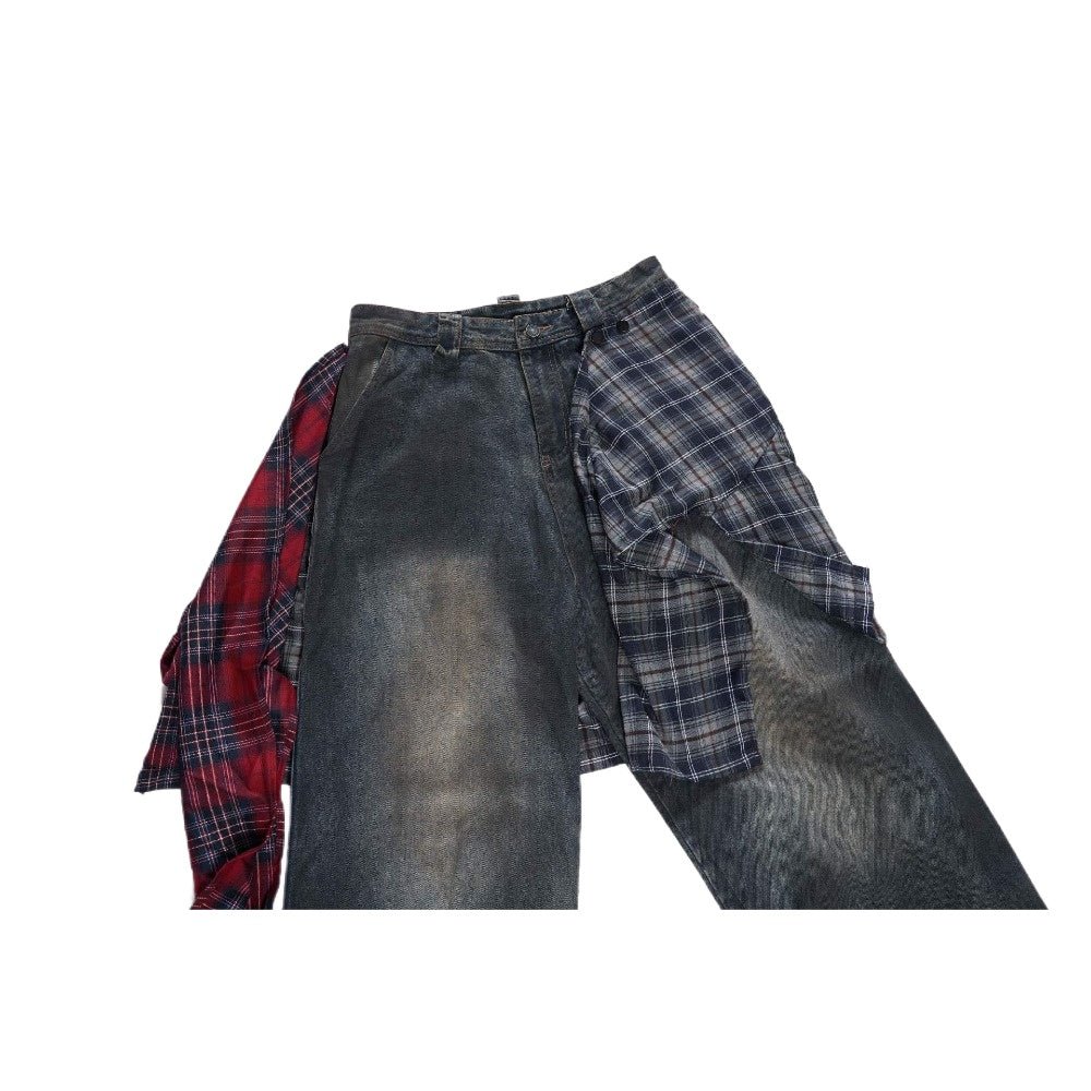 Dark Wash Deconstructed Plaid - Paneled Jeans - Thrashink