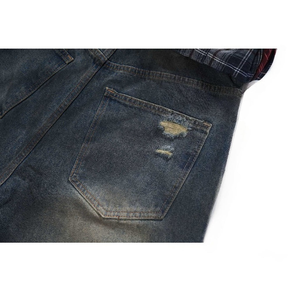 Dark Wash Deconstructed Plaid - Paneled Jeans - Thrashink