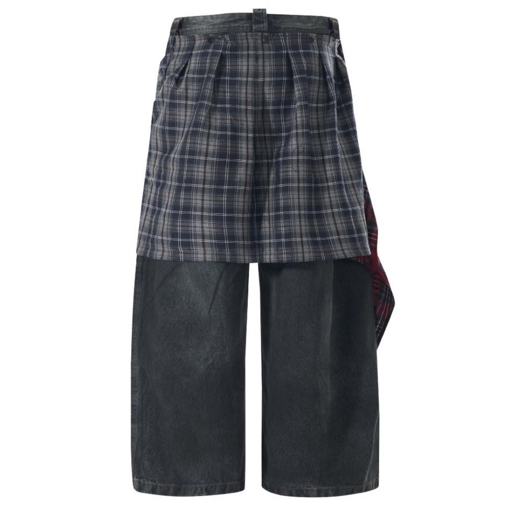 Dark Wash Deconstructed Plaid - Paneled Jeans - Thrashink