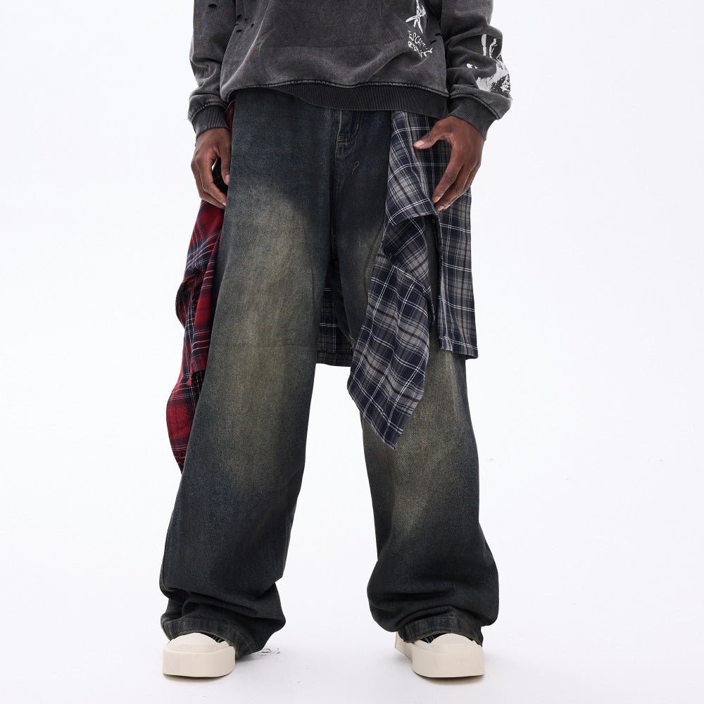 Dark Wash Deconstructed Plaid - Paneled Jeans - Thrashink