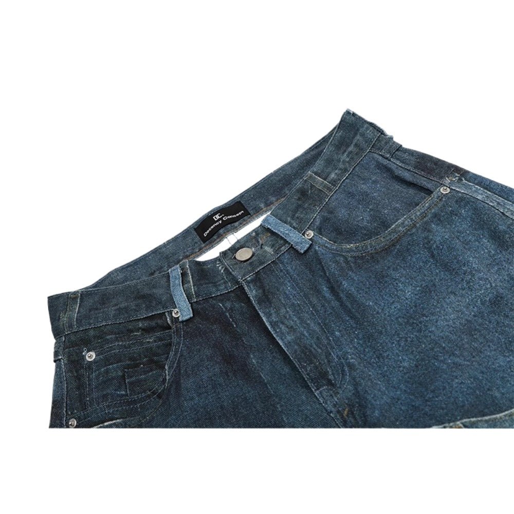 Deconstructed Cut Blue Patch Jeans - Thrashink
