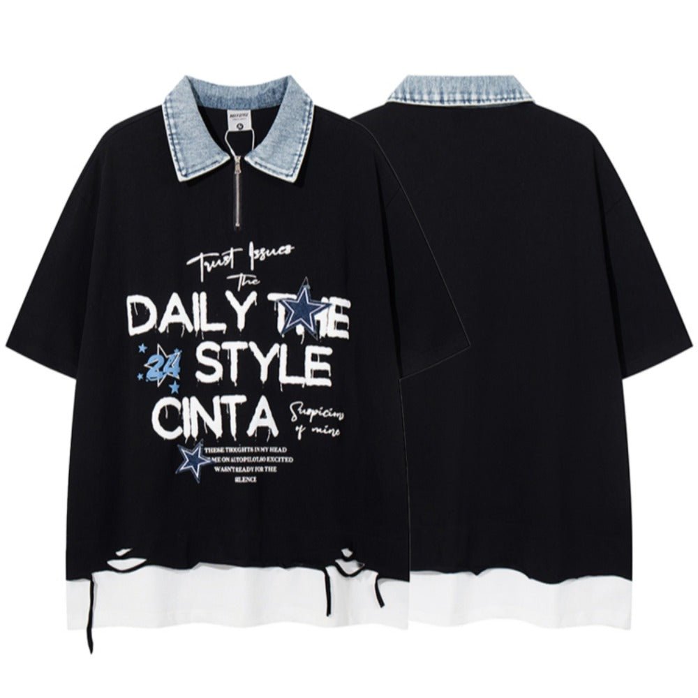 Denim Collar Fake Two Piece T-Shirt - Thrashink