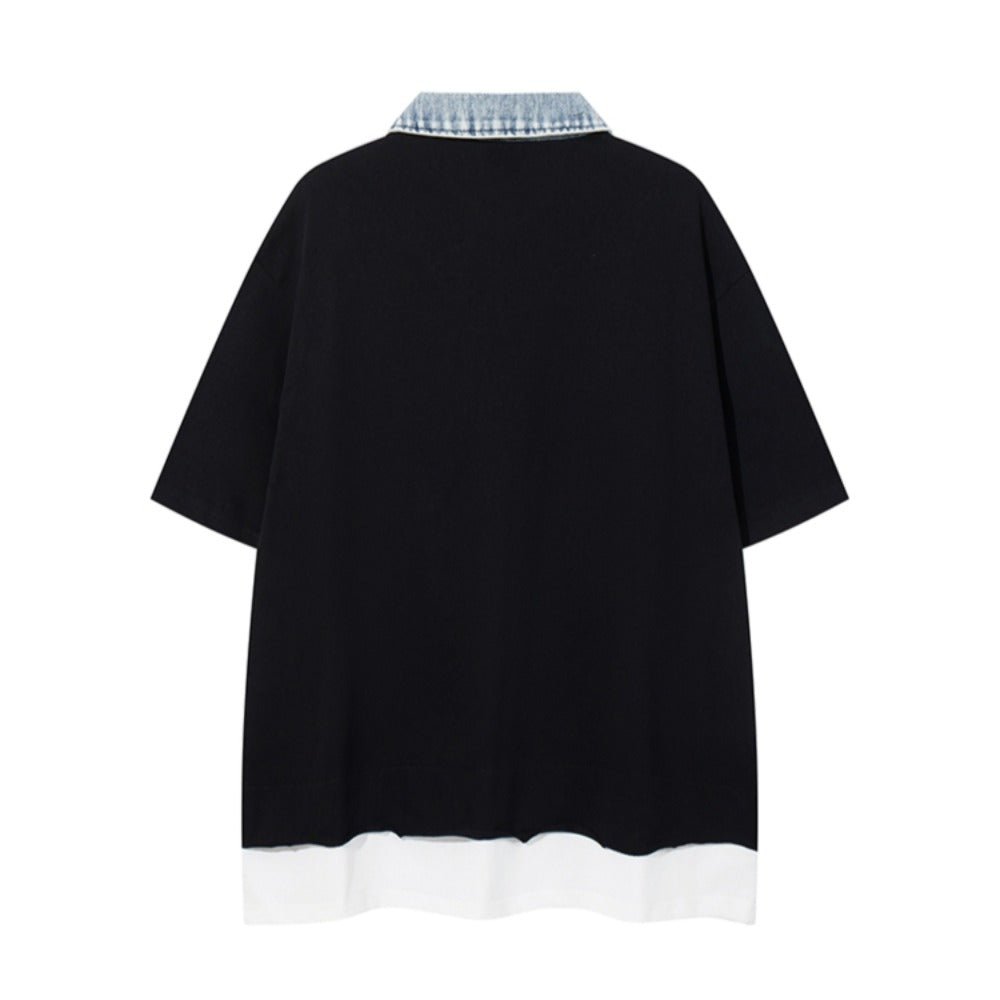 Denim Collar Fake Two Piece T-Shirt - Thrashink