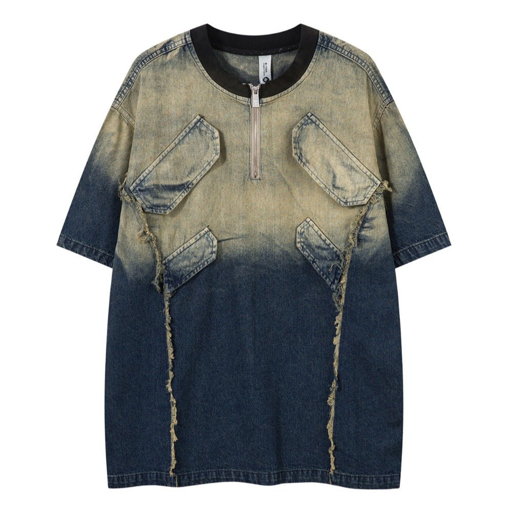 Denim Distressed Gradient Zip T-Shirt - Thrashink