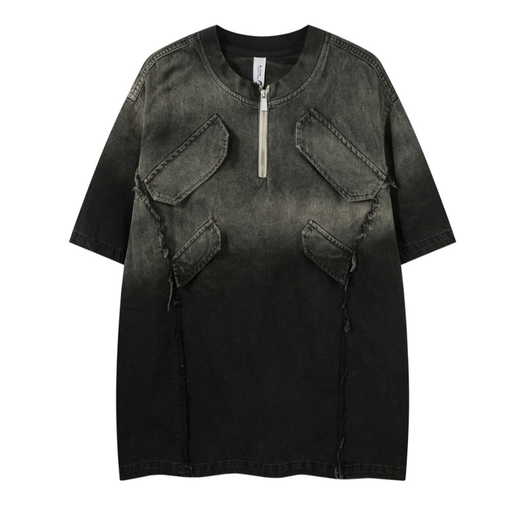 Denim Distressed Gradient Zip T-Shirt - Thrashink