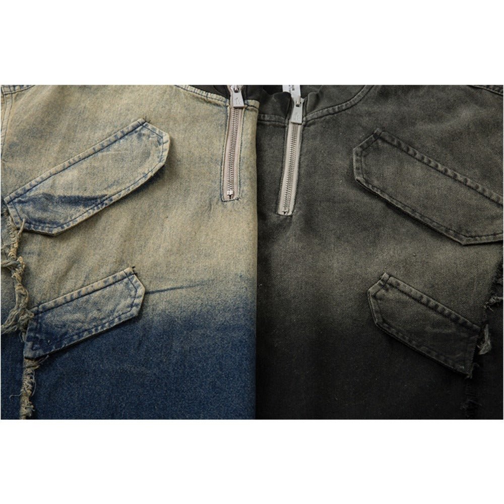 Denim Distressed Gradient Zip T-Shirt - Thrashink