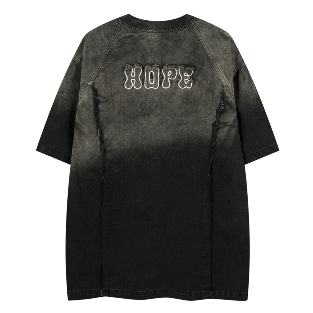 Denim Distressed Gradient Zip T-Shirt - Thrashink