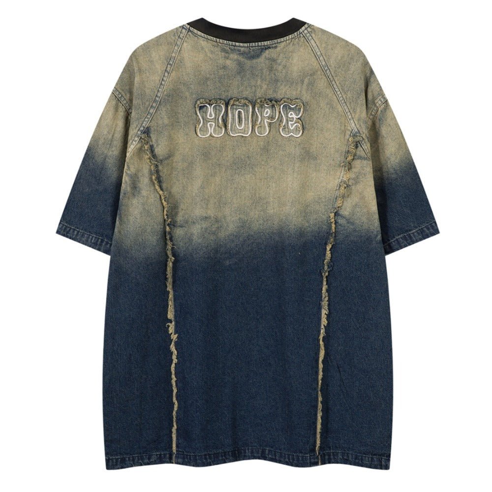 Denim Distressed Gradient Zip T-Shirt - Thrashink