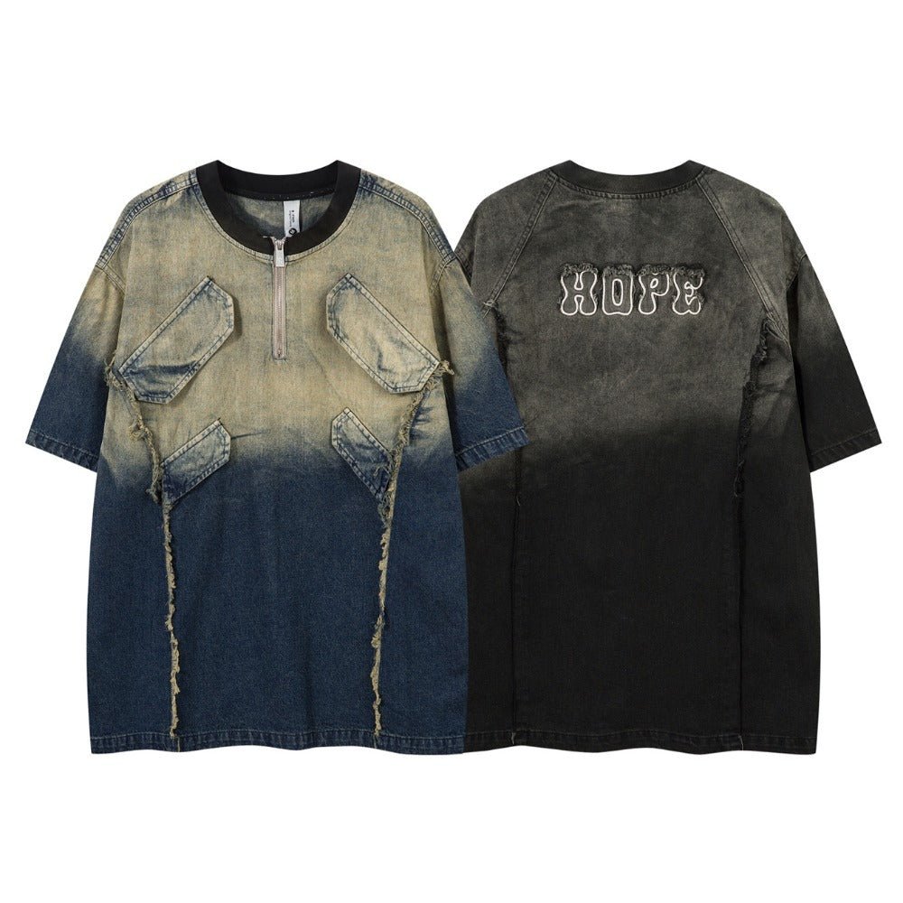 Denim Distressed Gradient Zip T-Shirt - Thrashink