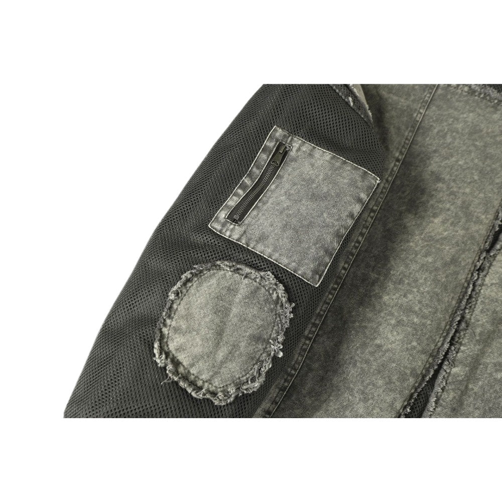 Denim Mesh Panel Distressed Bomber Jacket - Thrashink