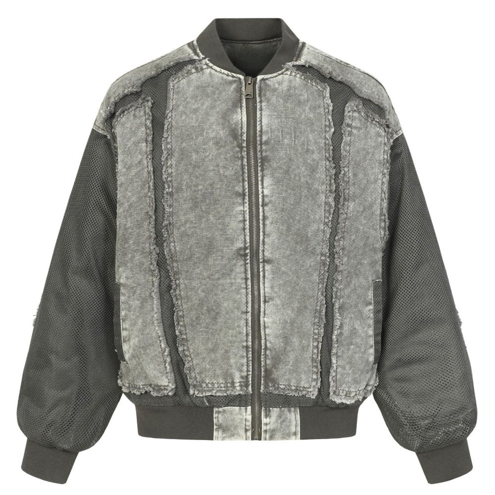 Denim Mesh Panel Distressed Bomber Jacket - Thrashink