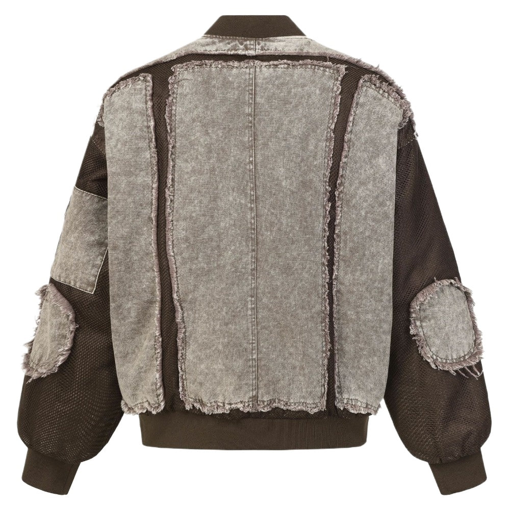 Denim Mesh Panel Distressed Bomber Jacket - Thrashink