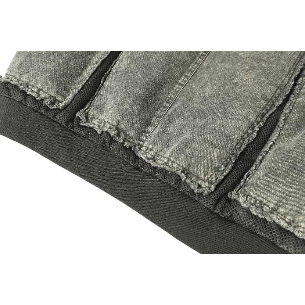 Denim Mesh Panel Distressed Bomber Jacket - Thrashink