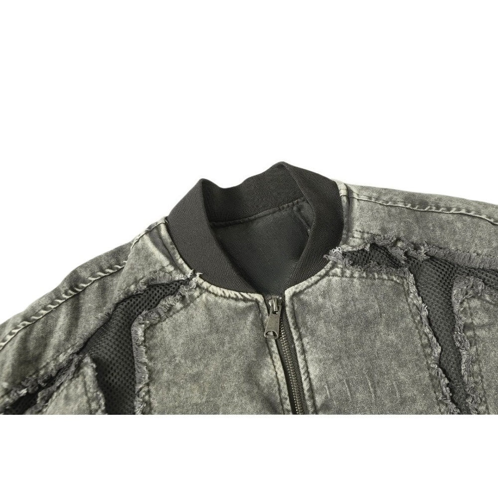 Denim Mesh Panel Distressed Bomber Jacket - Thrashink