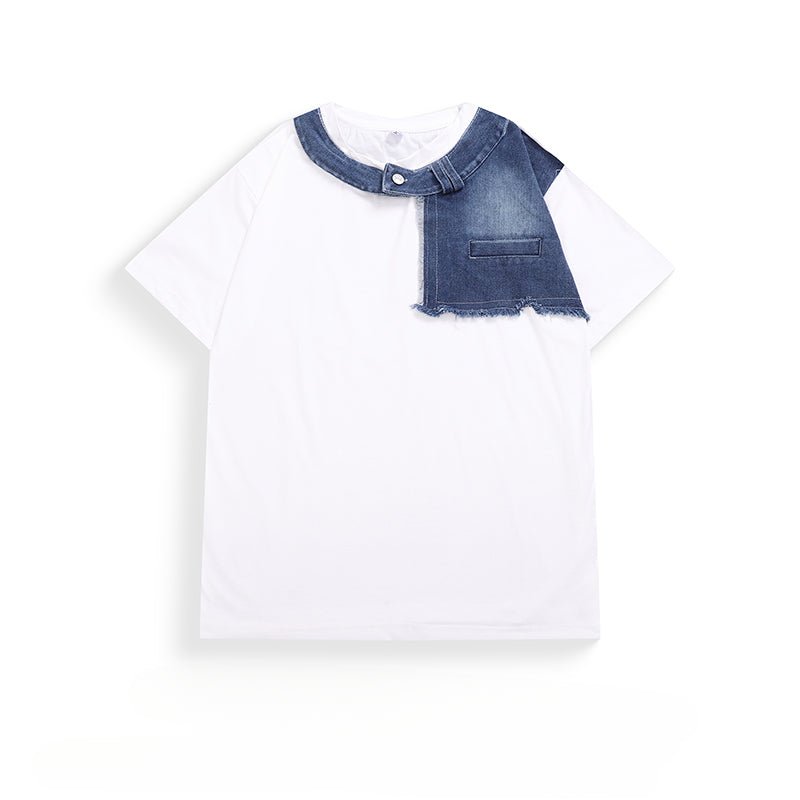 Denim Patchwork Collar T-Shirt - Thrashink