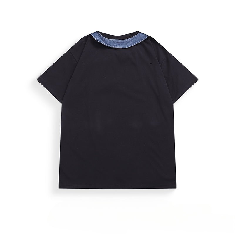 Denim Patchwork Collar T-Shirt - Thrashink