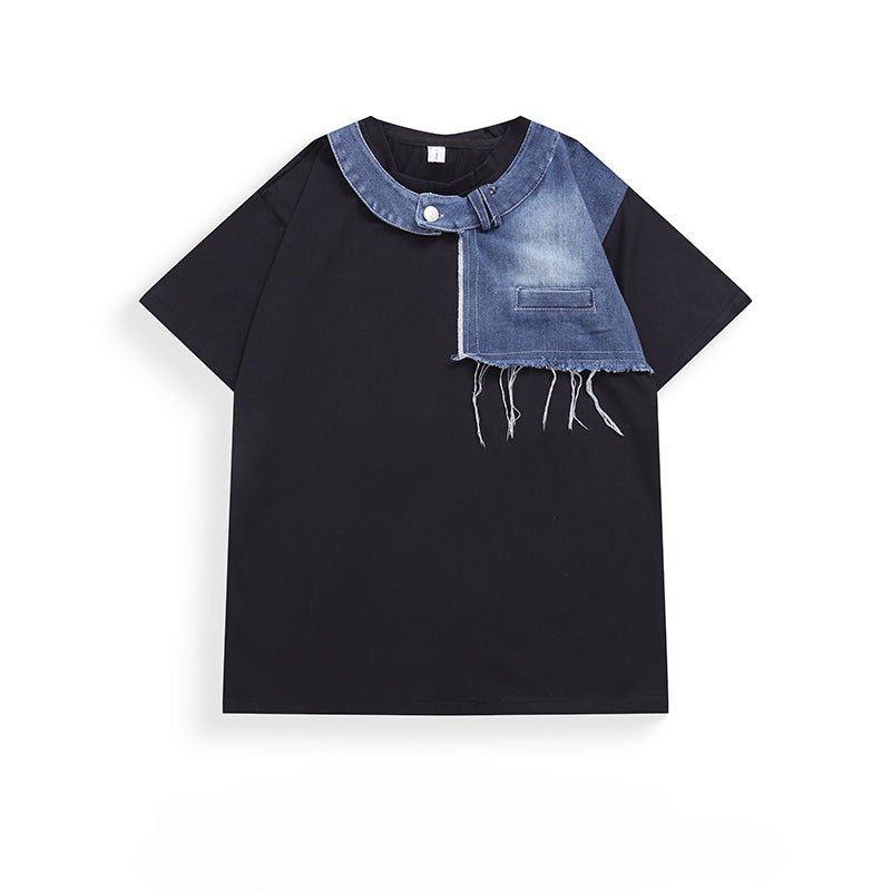 Denim Patchwork Collar T-Shirt - Thrashink
