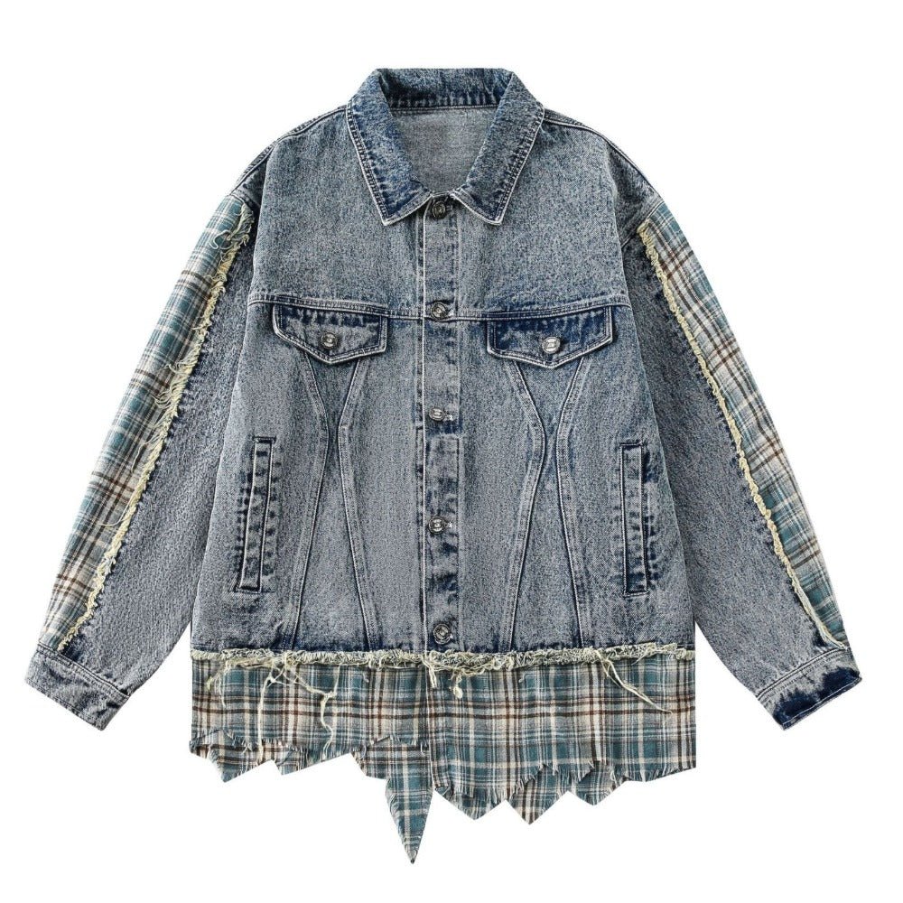 Denim Plaid Patchwork Fringed Jacket - Thrashink