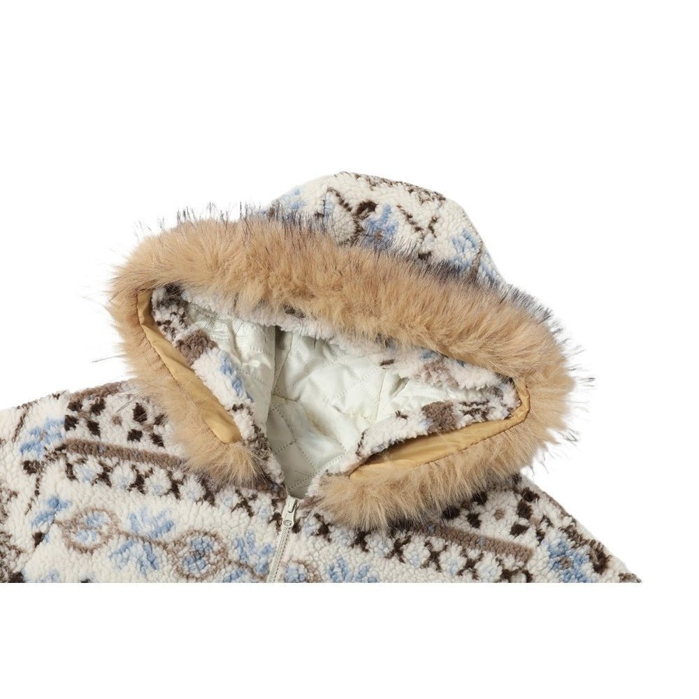 Detachable Fur Collar Fair Isle Padded Jacket - Thrashink