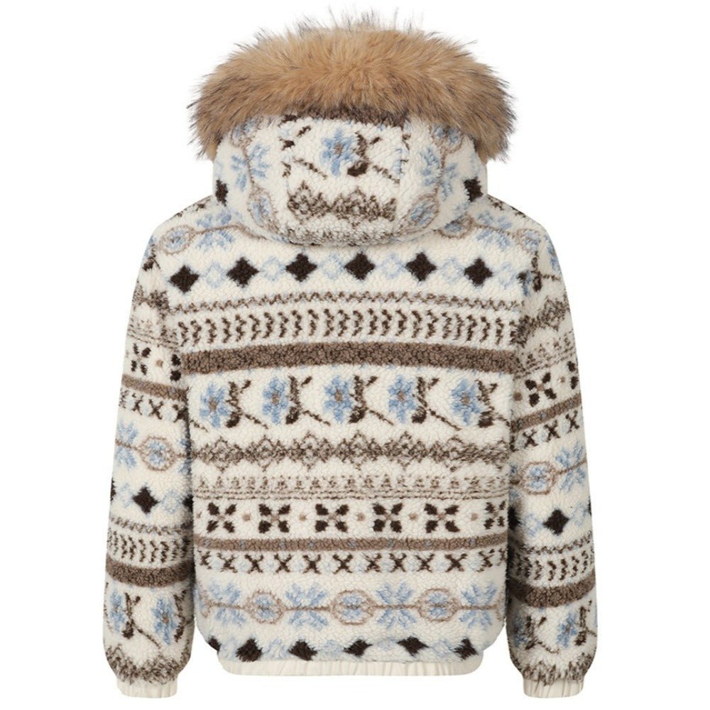 Detachable Fur Collar Fair Isle Padded Jacket - Thrashink