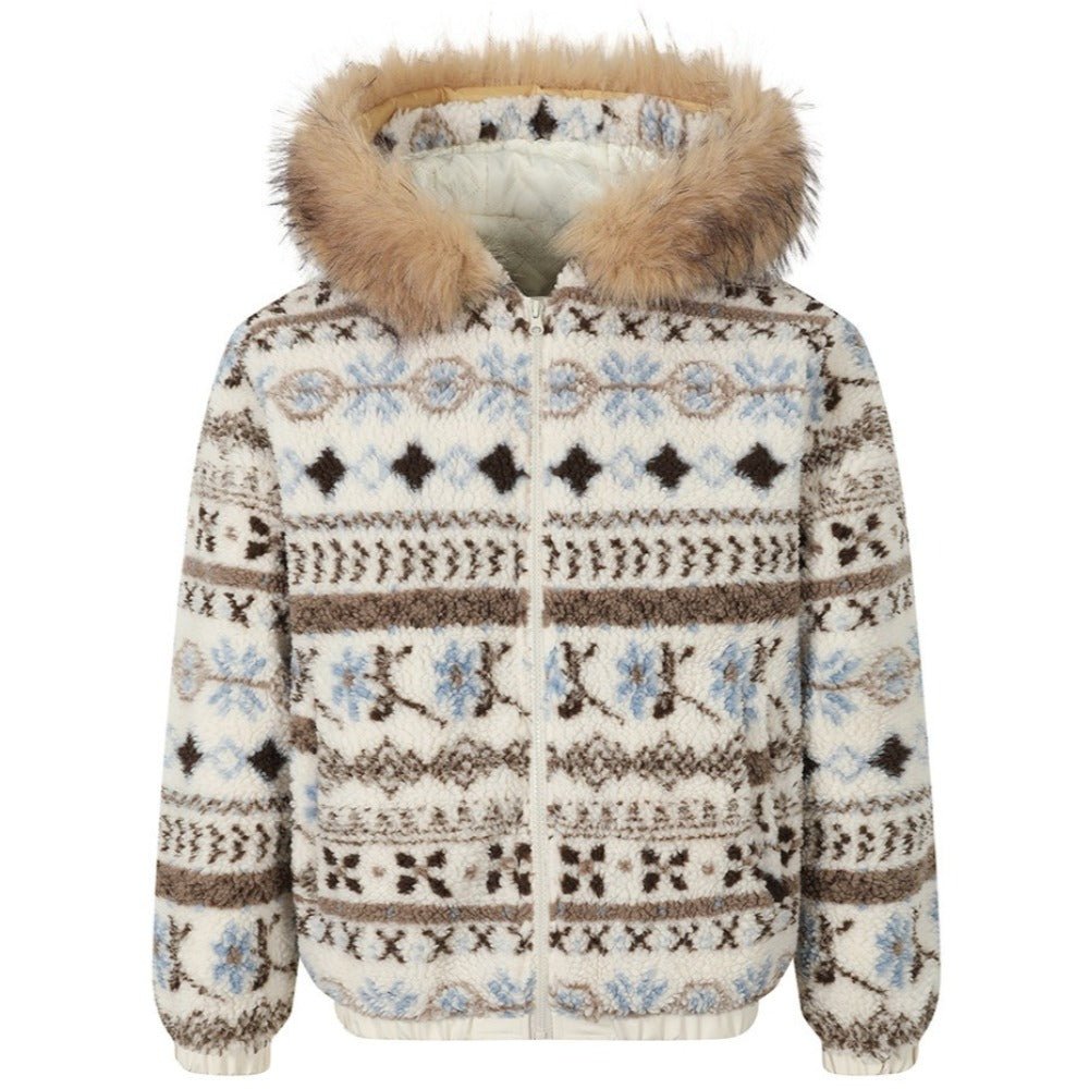 Detachable Fur Collar Fair Isle Padded Jacket - Thrashink