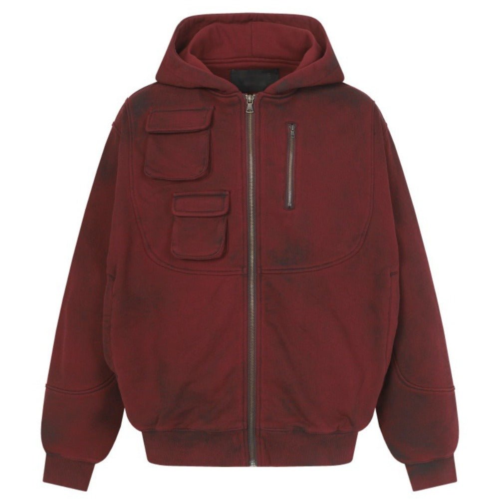 Distressed Cargo Pocket Zip - up Hoodie - Thrashink
