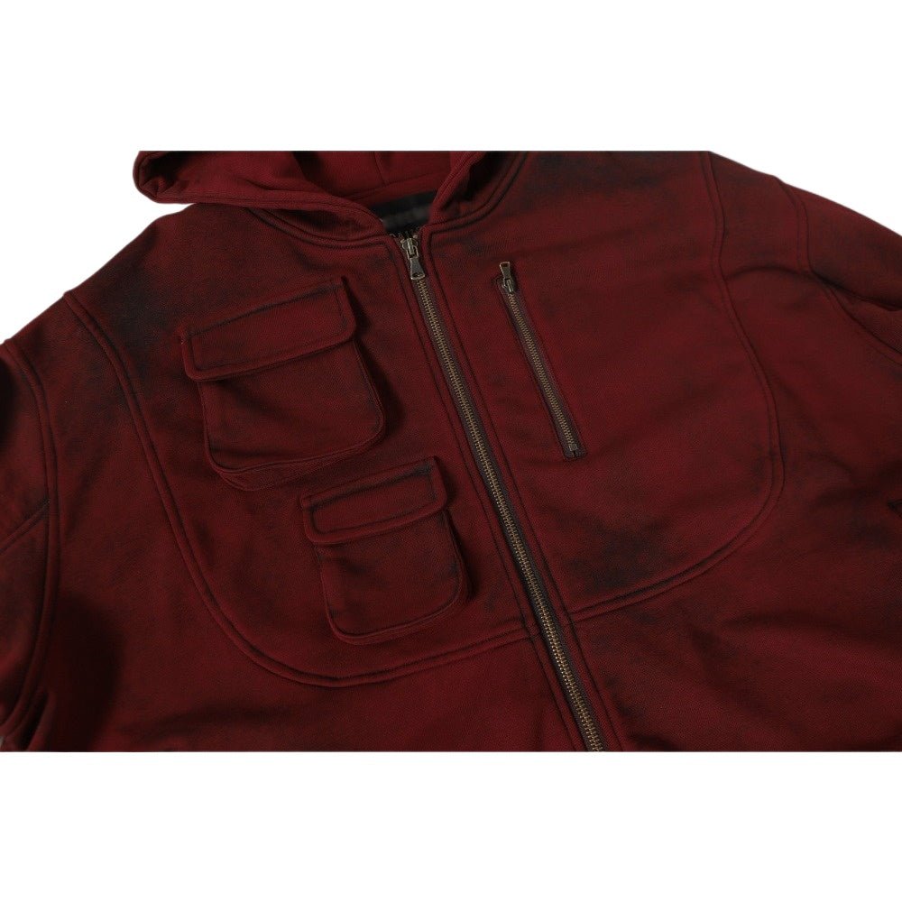 Distressed Cargo Pocket Zip - up Hoodie - Thrashink