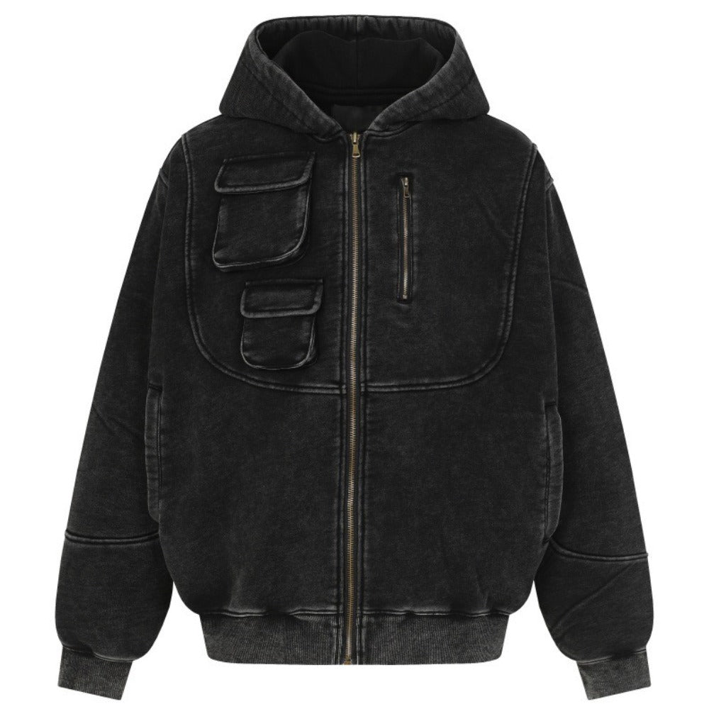 Distressed Cargo Pocket Zip - up Hoodie - Thrashink