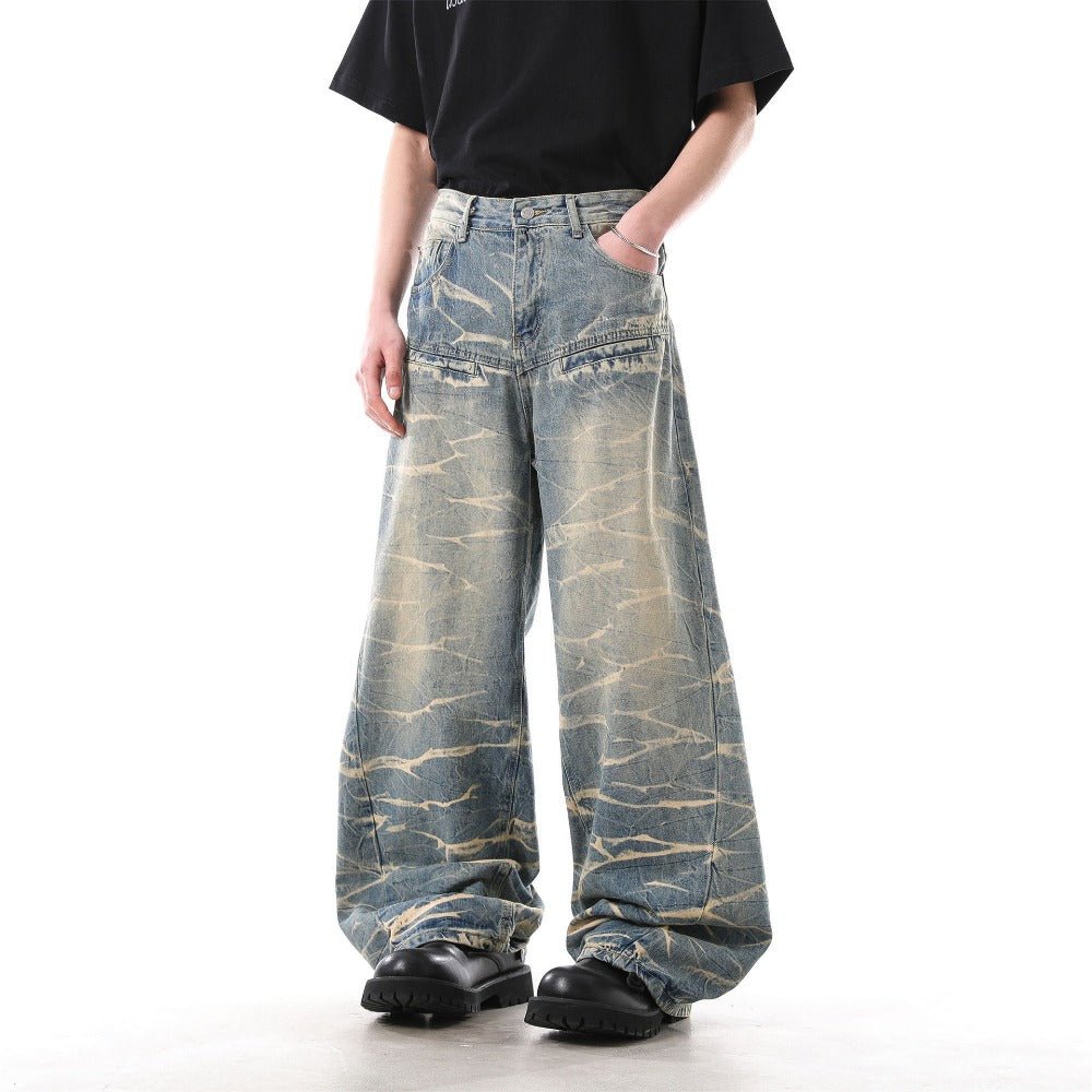 Distressed Crackle Wide Jeans - Thrashink
