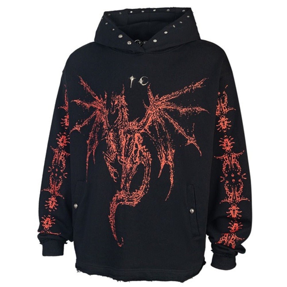 Distressed Dragon Graphic Studded Hoodie - Thrashink