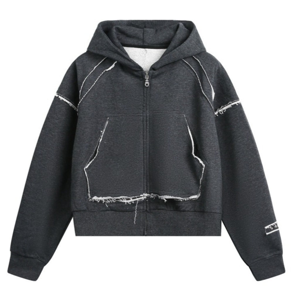 Distressed Edge Cropped Zip - Up Hoodie - Thrashink
