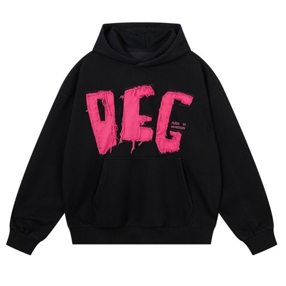 Distressed Letter Patch Hoodie - Thrashink
