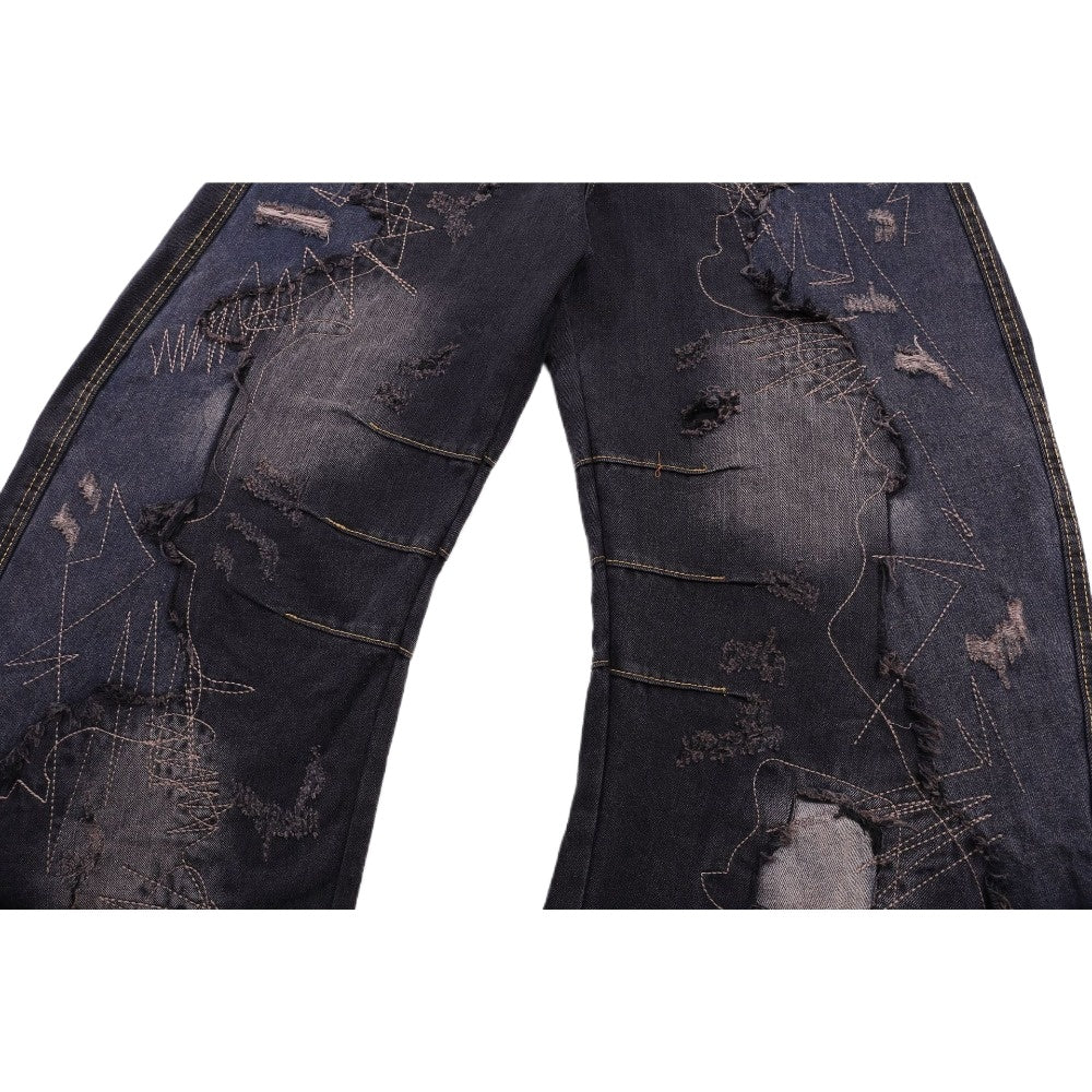 Distressed - Mended Denim Trousers - Thrashink