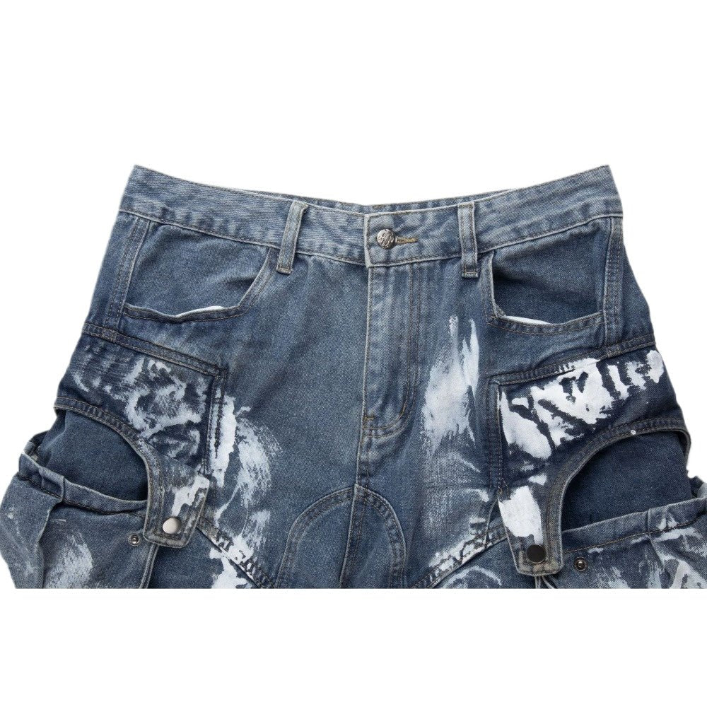 Distressed Multi - Pocket Cargo Wide Legs Jeans - Thrashink